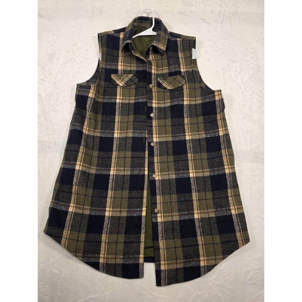Mina Self Men's Plaid Button Vest XXL Green Navy Beige Lined Long Outdoor